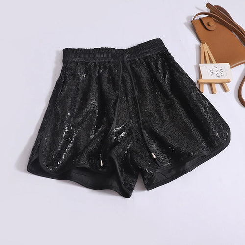 Load image into Gallery viewer, Vintage Women&#39;s Silver Sequin Drawstring Lace-up Shorts Summer High Waist Fashion Black Wide Leg Short Pants Versatile Sexy Club
