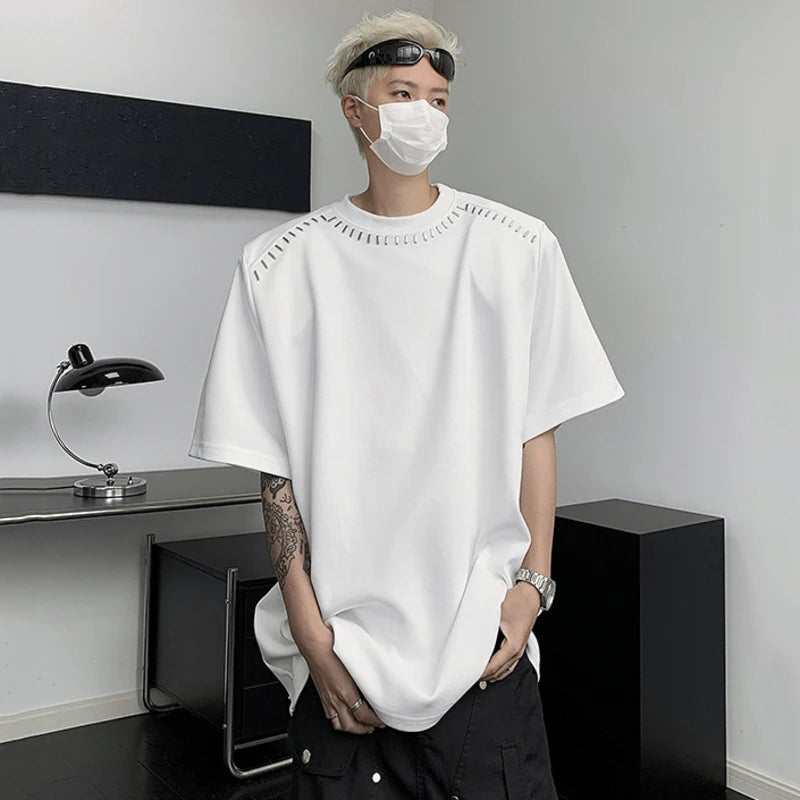 Summer Niche Design Men's Loose T-shirts Sequined Round Neck Short Sleeve Shoulder Pad Male Tees Chic 9C6293