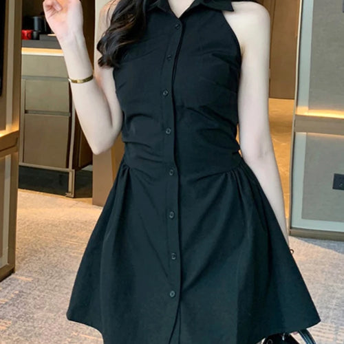 Load image into Gallery viewer, Black Halter Polo Neck Female Shirt Dress Slim Waist Sleeveless Solid Color Single Breasted Women&#39;s Dresses Office Lady
