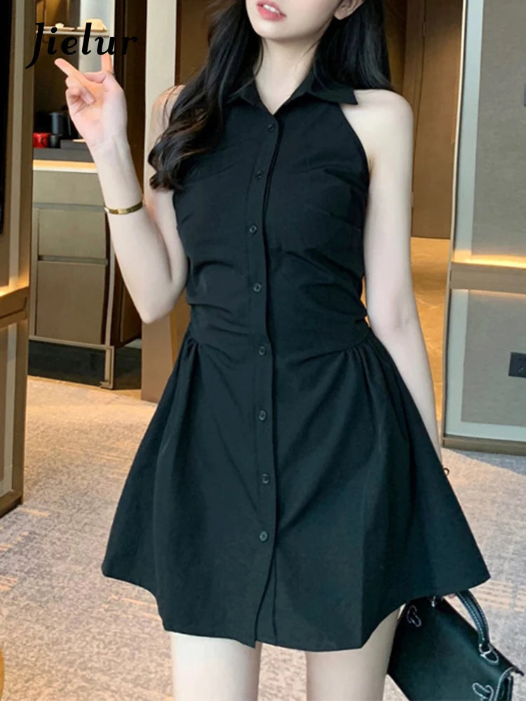 Black Halter Polo Neck Female Shirt Dress Slim Waist Sleeveless Solid Color Single Breasted Women's Dresses Office Lady