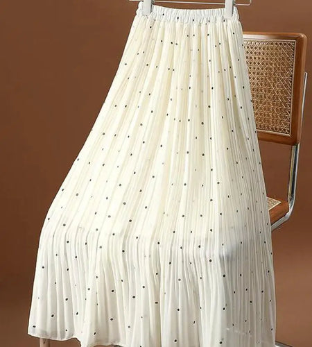 Women Dot Pleated Skirts Women Summer High Waist Midi Office Skirt Womens High Street Elastic Waist Long Skirt Femme Vintage New