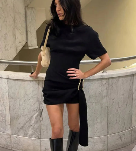 Short Sleeve Draped Sexy Mini Dress For Women Black Metal Buckle O Neck High Waist Bodycon Club Dress Vestido Clothes