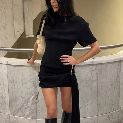 Load image into Gallery viewer, Short Sleeve Draped Sexy Mini Dress For Women Black Metal Buckle O Neck High Waist Bodycon Club Dress Vestido Clothes

