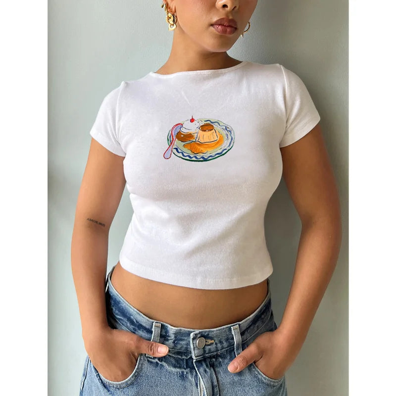 y2k Baby Tee Women Craphic Crop Top Round Neck Short Sleeve T Shirt Casual Vest 2000s Aesthetic Clothes Streetwear