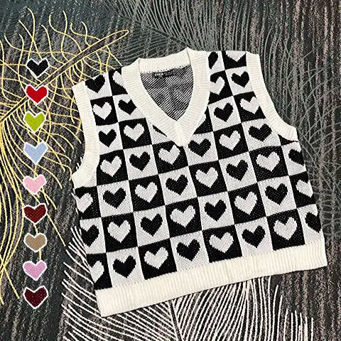 Load image into Gallery viewer, Classic Heart Plaid Knitted Sweater Vest Women 9 Colors Crop Loose Waistcoat Y2k Harajuku Autumn Hip Hop Knitwear Tops
