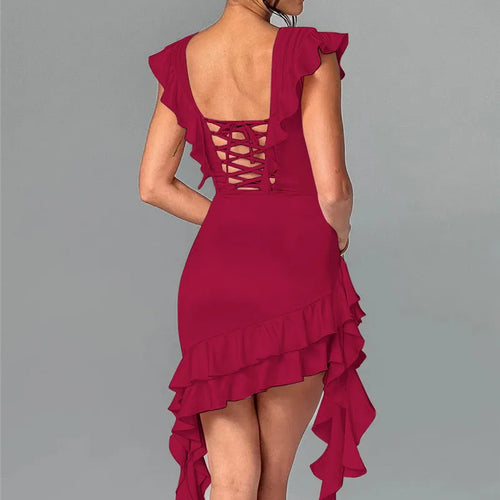 Load image into Gallery viewer, Deep V Neck Backless Draped Ruffle Mini Dress For Women Fashion Sleeveless Bodycon Club Party Sexy Dress Elegant
