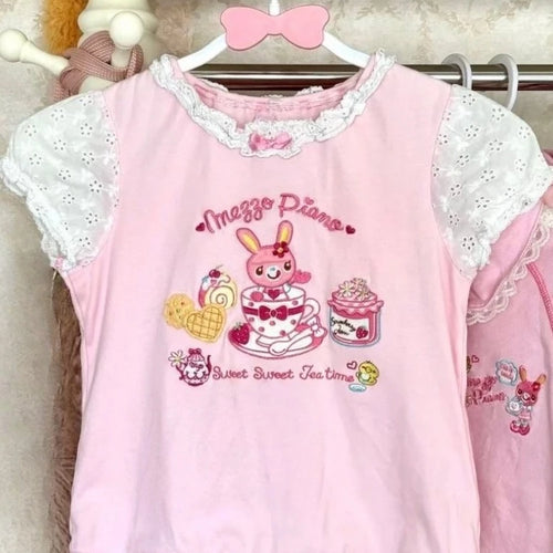 Load image into Gallery viewer, Japanese Kawaii Cartoon Embroidery Y2k Tops Aesthetic Fairy Cute Bow T-shirt Women Harajuku Summer Lace Patchwork Graphic Tees

