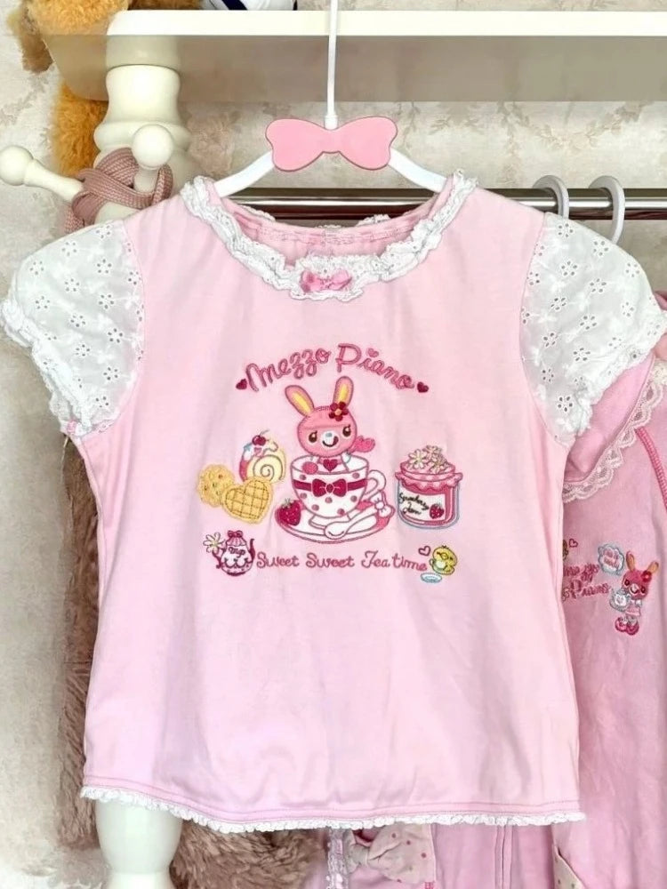 Japanese Kawaii Cartoon Embroidery Y2k Tops Aesthetic Fairy Cute Bow T-shirt Women Harajuku Summer Lace Patchwork Graphic Tees