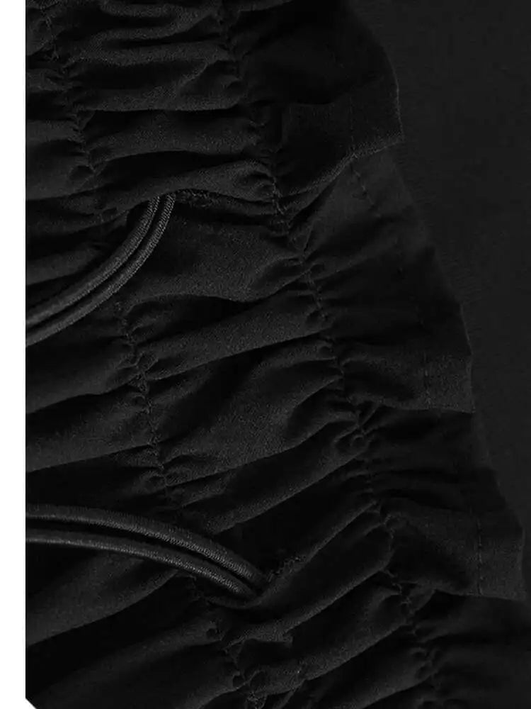 Women Black Pleated Drawstring Big Size Midi Dress New Round Neck Short Sleeve Fashion Tide Spring Summer 2025  1DH6181