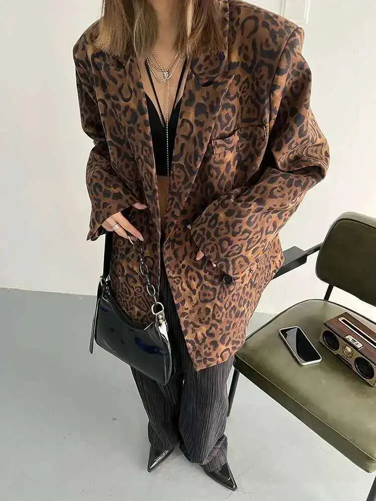 Women Leopard Print Big Size Casual Blazer New Lapel Long Sleeve Loose Fit Jacket Fashion Tide Spring Autumn 2025 1DF2518