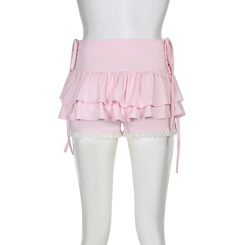 Sweet Pink Korean Skinny Shorts Skirt Cutecore Lace Trim Ruffles Coquette Clothes Tie Up Folds Mini Skirt Women Cake