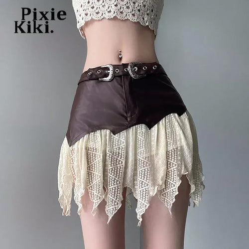 Load image into Gallery viewer, Y2k Style Mini Skirts for Woman Metal Buckle Belted PU Leather Lace Patchwork Irregular Skirt Fairy Grunge P67-DI20
