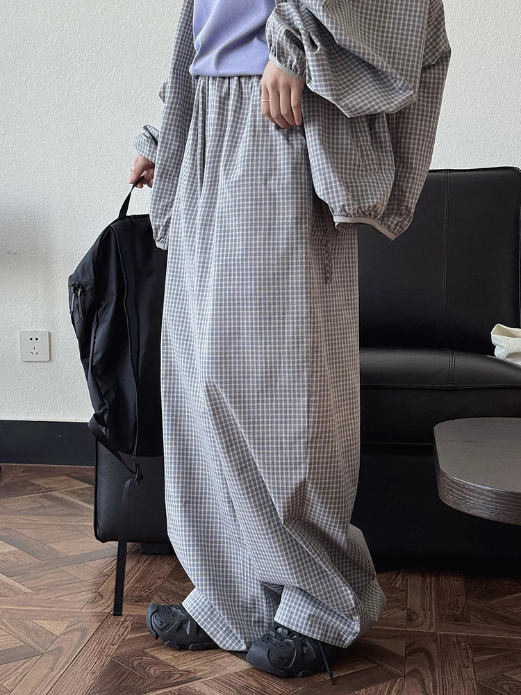 High Elastic Waist Beige Plaid Casual Long Wide Leg Pants New Trousers Women Fashion Tide Spring Autumn 2025 1DJ0867