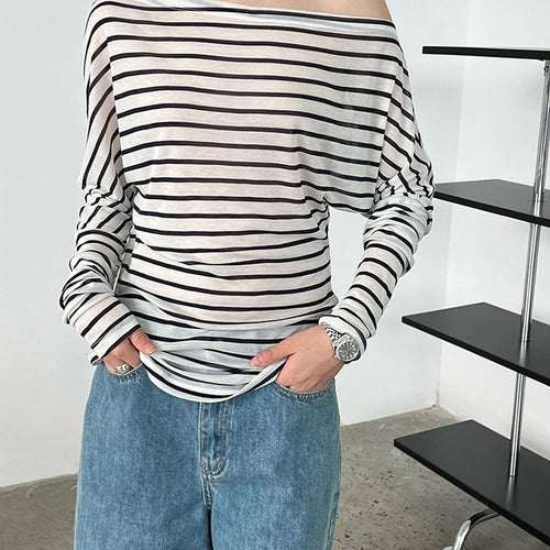 Load image into Gallery viewer, Women Black Striped Irregular Eelgant Big Size T-shirt New Skew Collar Long Sleeve Fashion Tide Spring Autumn 2025 1DJ1308
