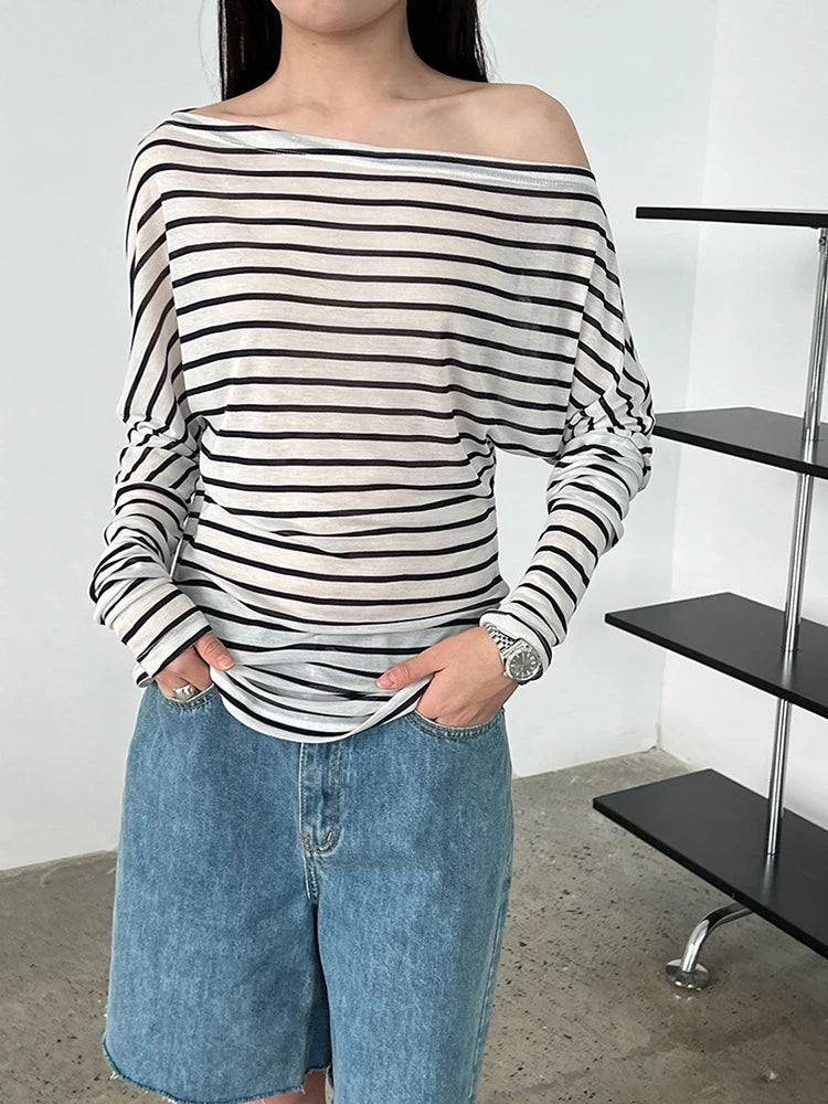 Women Black Striped Irregular Eelgant Big Size T-shirt New Skew Collar Long Sleeve Fashion Tide Spring Autumn 2025 1DJ1308