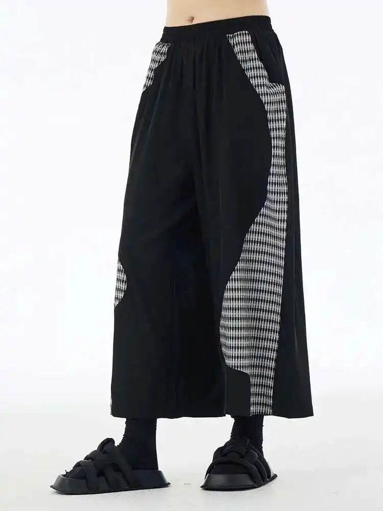 High Elastic Waist Black Plaid Color-block Long Wide Leg Pants New Trousers Women Fashion Tide Spring Autumn 2025 1DH6076