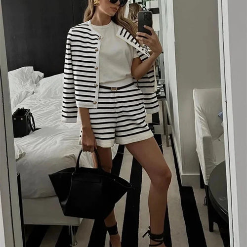 Load image into Gallery viewer, Autumn Black and White Striped Shorts Set Women Fashion Striped Sweater Cardigan and High Waist Sets Casual Outfit
