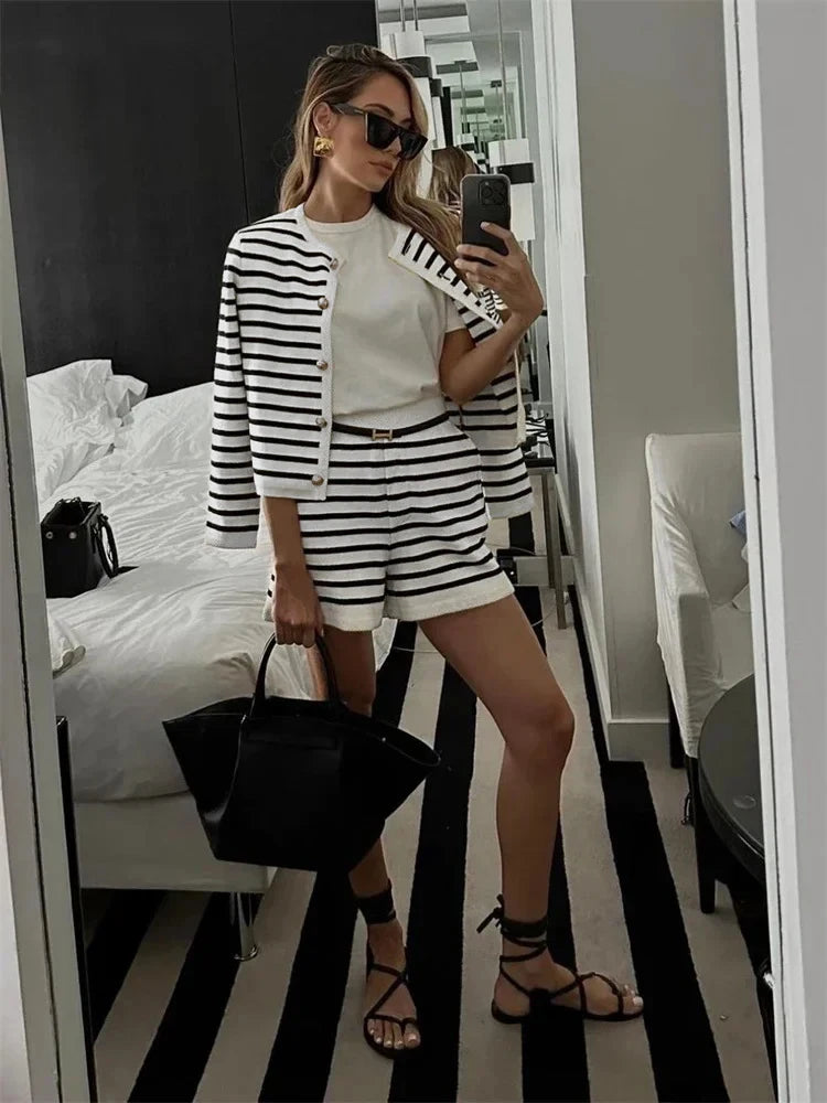 Autumn Black and White Striped Shorts Set Women Fashion Striped Sweater Cardigan and High Waist Sets Casual Outfit