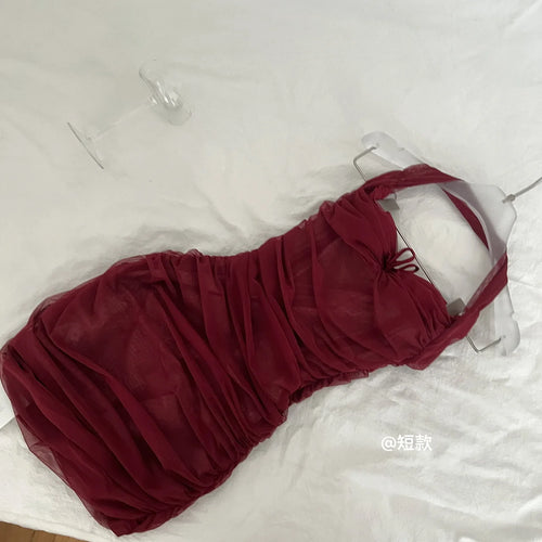 Load image into Gallery viewer, Korean Women Red Bow Backless Slim Pleated Halter Short Dress Summer Sexy Club Elegant Sleeveless Party Dress Simplicity Popular
