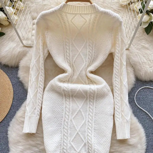 Load image into Gallery viewer, Women Black Round Neck  Single Breasted Knitted Dress Autumn Winter Beige Long Sleeve Casual Elegant Mini Sweater Dress Clothes
