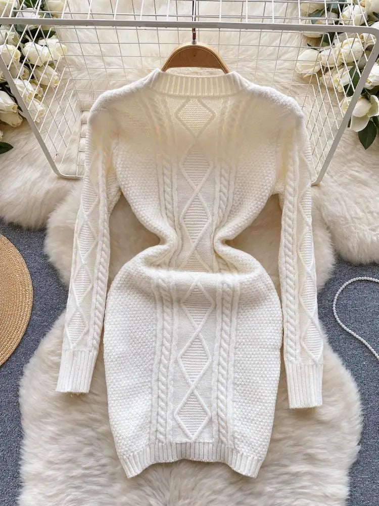 Women Black Round Neck  Single Breasted Knitted Dress Autumn Winter Beige Long Sleeve Casual Elegant Mini Sweater Dress Clothes