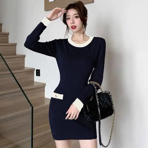 Load image into Gallery viewer, Retro Fashion Sexy Black Patchwork Wrap Hip Bodycon Short Dress Autumn Winter Gray Office Lady O-neck Knitted Party Mini Dresses
