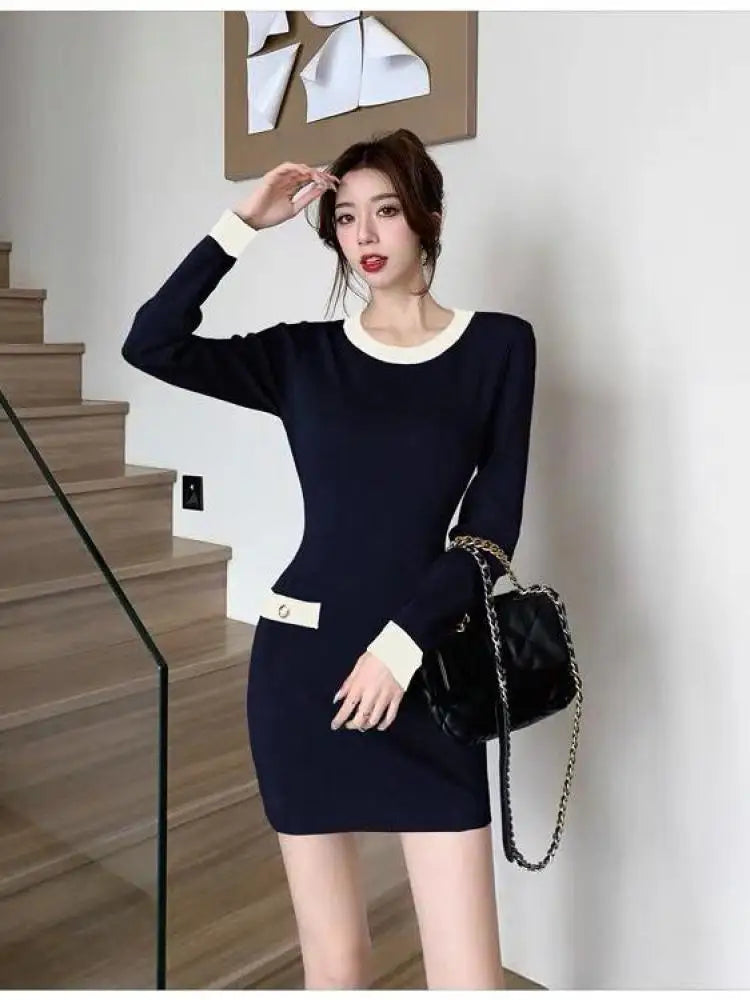 Retro Fashion Sexy Black Patchwork Wrap Hip Bodycon Short Dress Autumn Winter Gray Office Lady O-neck Knitted Party Mini Dresses