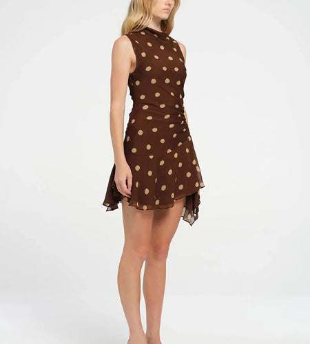 Sleeveless Polka Dot Dress For Woman Fashion Brown Print Mesh O Neck Ruched Mini Dress Elegant Irregular Dresses
