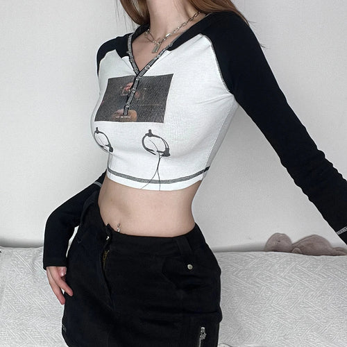 Load image into Gallery viewer, Korean Skinny Printed Stitch Long Sleeve Tee Baby Y2K Autumn Crop Tops Buttons Female T-shirts Hooded Casual Clothing
