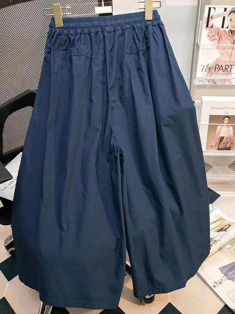 Black Leisure Comfortable Shorts For Women Summer New Green Elastic High Waist Lace Up Loose Blue Wide Leg Seven Point Pants New