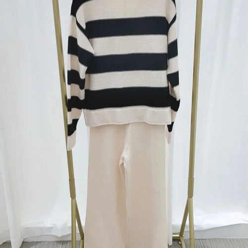 Load image into Gallery viewer, Big Size Loose Knit 2 Piece Set Lapel Striped Long Sleeve Sweater + High Waist Pant Suit 2023 Autumn Winter Women New C-200
