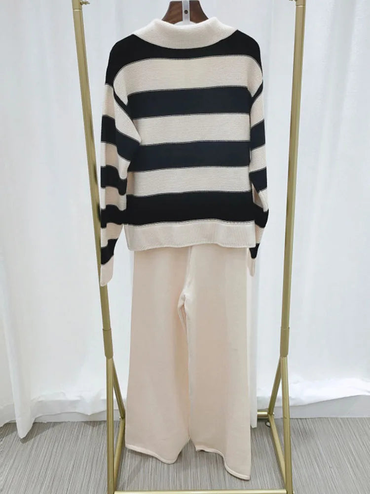 Big Size Loose Knit 2 Piece Set Lapel Striped Long Sleeve Sweater + High Waist Pant Suit 2023 Autumn Winter Women New C-200