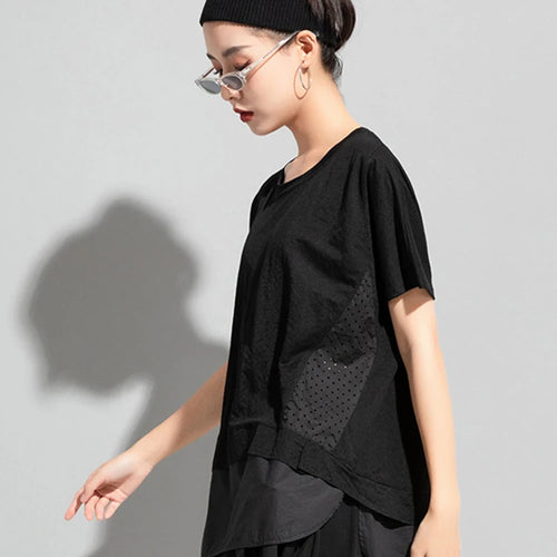 Load image into Gallery viewer, Women Black Dot Printed Spliced Big Size Casual T-shirt New Round Neck Short Sleeve Fashion Spring Summer 2025 1DJ1762
