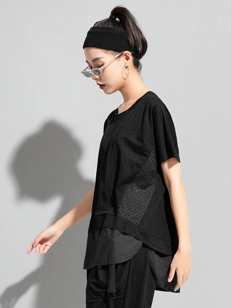 Women Black Dot Printed Spliced Big Size Casual T-shirt New Round Neck Short Sleeve Fashion Spring Summer 2025 1DJ1762