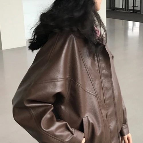 Load image into Gallery viewer, Autumn Pu Leather Jacket Women Spring Vintage Brown Motorcycle Coat Female Korean Loose Street Outerwear
