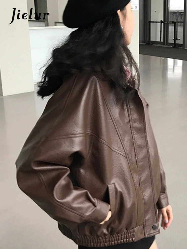 Autumn Pu Leather Jacket Women Spring Vintage Brown Motorcycle Coat Female Korean Loose Street Outerwear