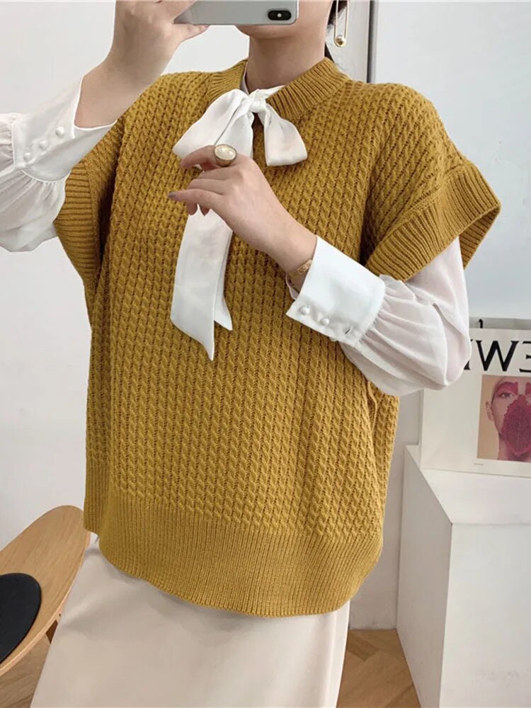 Knitting Minimalist Waistcoats For Women Round Neck Sleeveless Pullover Casual Loose Waistcoat Female Fashion