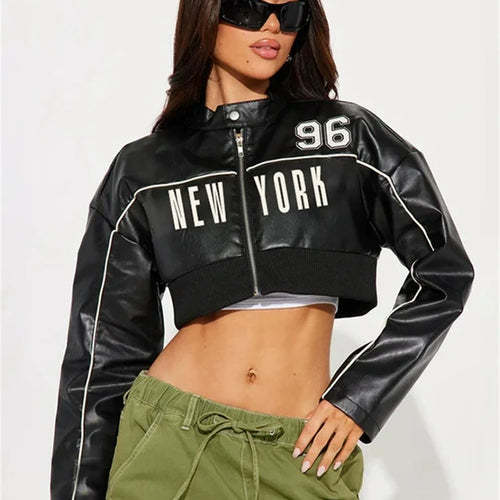 Load image into Gallery viewer, PU Patchwork Women Jacket Letter Print Hipster Button Zip Full Sleeve Trend Cool Street Wild Spring Outwear Crop Coat
