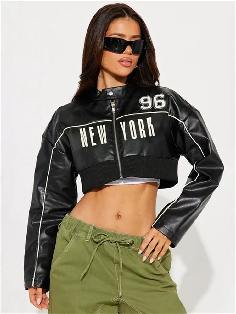 PU Patchwork Women Jacket Letter Print Hipster Button Zip Full Sleeve Trend Cool Street Wild Spring Outwear Crop Coat