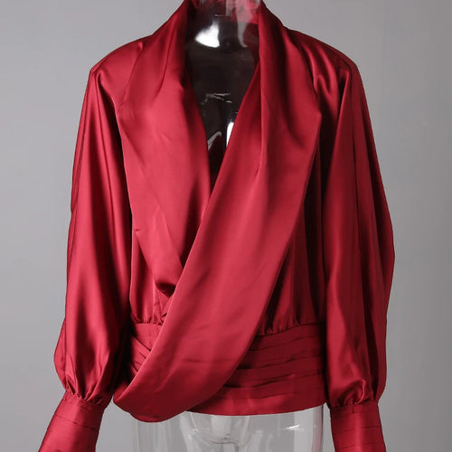 Load image into Gallery viewer, Women Red Irregular Pleated Big Size Elegant Blouse New V-neck Long Sleeve Shirt Fashion Tide Spring Autumn 2025  9C7045
