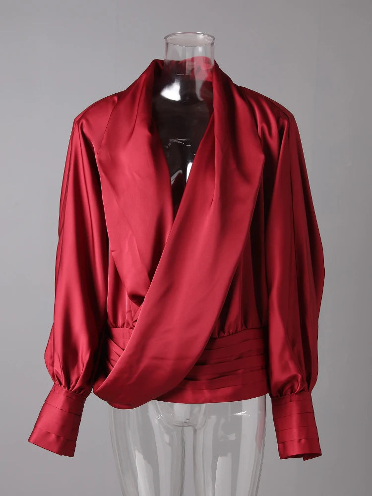 Women Red Irregular Pleated Big Size Elegant Blouse New V-neck Long Sleeve Shirt Fashion Tide Spring Autumn 2025  9C7045