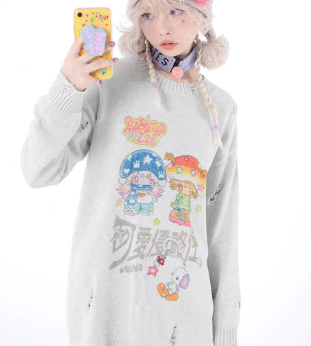 Y2k Aesthetic Cartoon Printing Harajuku Sweater Women Gothic Vintage Ripped Grunge Jumper Streetwear Oversize Hiphop Pullover