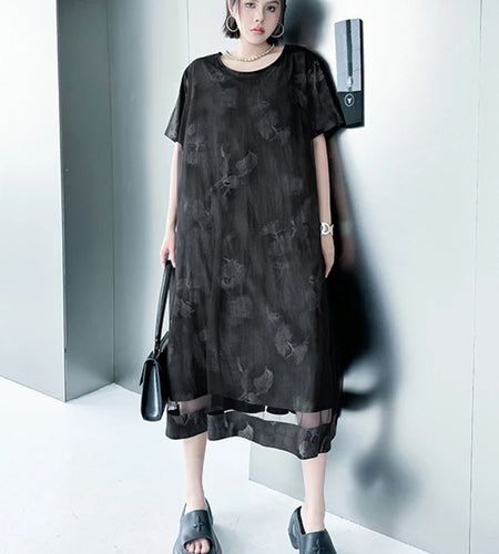 Women Black Printed Mesh Spliced Big Size Midi Dress New Round Neck Short Sleeve Fashion Tide Spring Summer 2025 1DJ0850