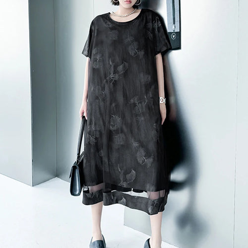 Load image into Gallery viewer, Women Black Printed Mesh Spliced Big Size Midi Dress New Round Neck Short Sleeve Fashion Tide Spring Summer 2025 1DJ0850
