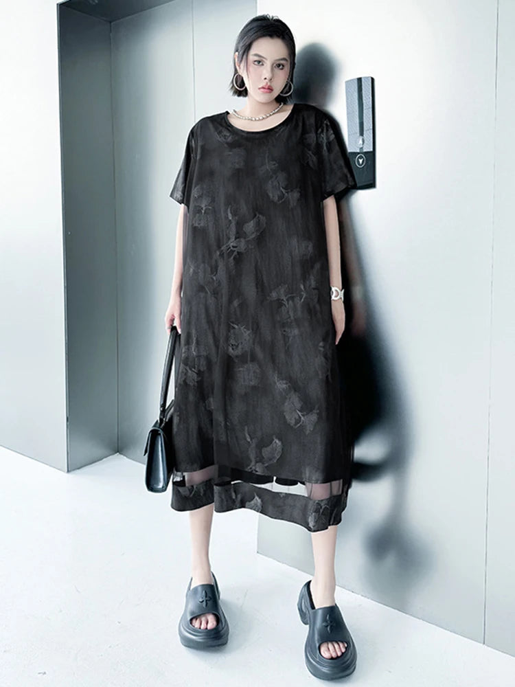 Women Black Printed Mesh Spliced Big Size Midi Dress New Round Neck Short Sleeve Fashion Tide Spring Summer 2025 1DJ0850