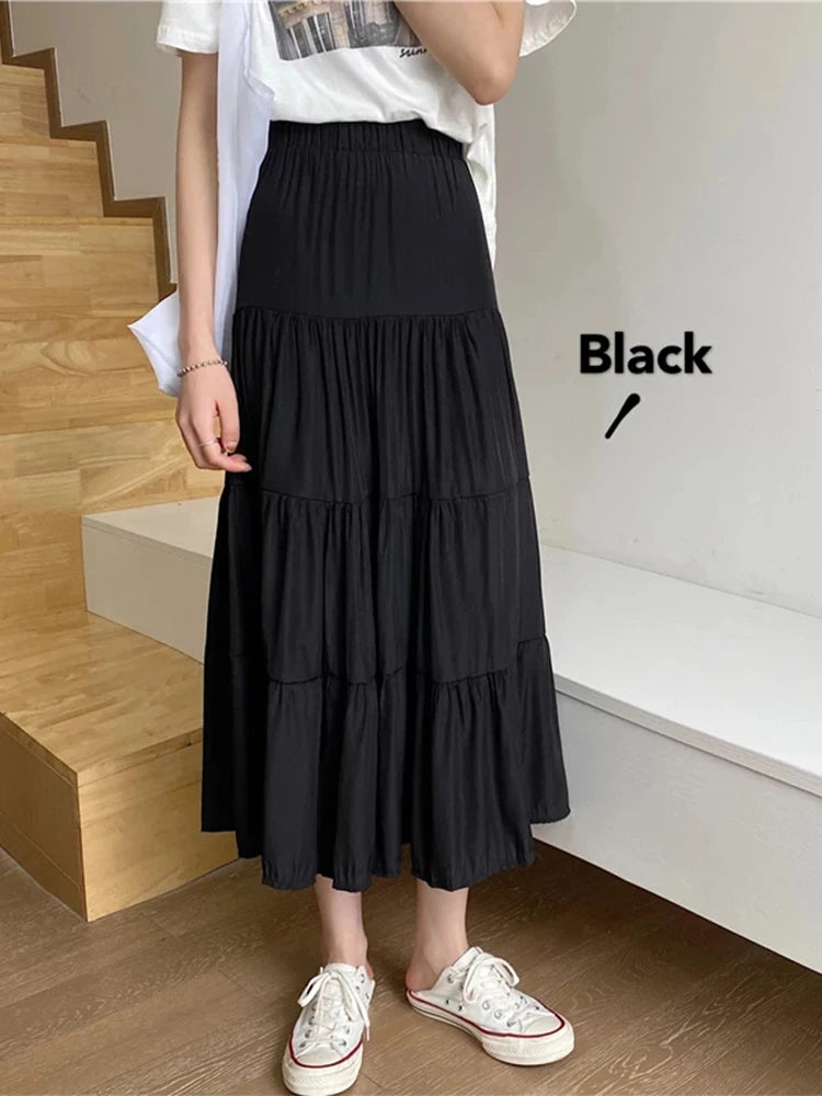 Spring Summer Women Chiffon Skirts Vintage High Waist Elastic Patchwork White Black Chic Long Cake A-line Skirt for Student