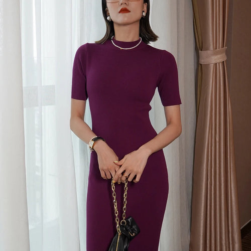 Load image into Gallery viewer, High Quality Soft Knit Dresses Korean Half Turtleneck Short Sleeve Vestidos Femme Vintage Slim Basics Dresses C-150
