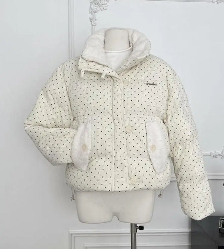 Korean 2024 New Casual Women Beige Dot Cotton Padded Jacket Winter Warm Short Single Breasted Zipper Down Coat Thick Streetwear