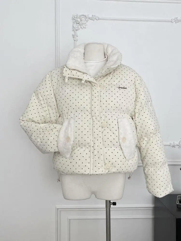 Korean 2024 New Casual Women Beige Dot Cotton Padded Jacket Winter Warm Short Single Breasted Zipper Down Coat Thick Streetwear