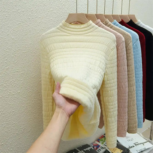 Load image into Gallery viewer, Autumn Winter Korean Fashion Solid Half Height Collar Velvet Knit Sweater Women Warm Long Sleeve Pullovers Tops Casual Popular
